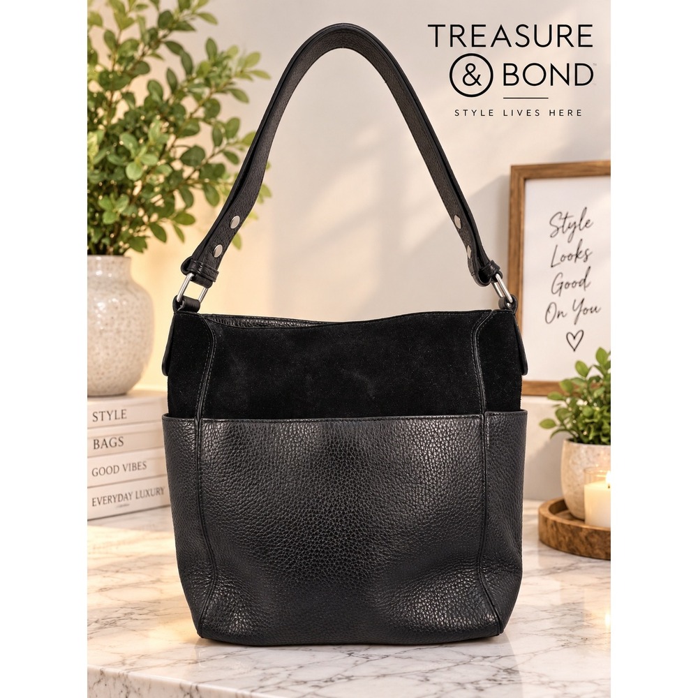 Treasure & Bond Black Pebbled Leather and Suede Hobo Shoulder Bag